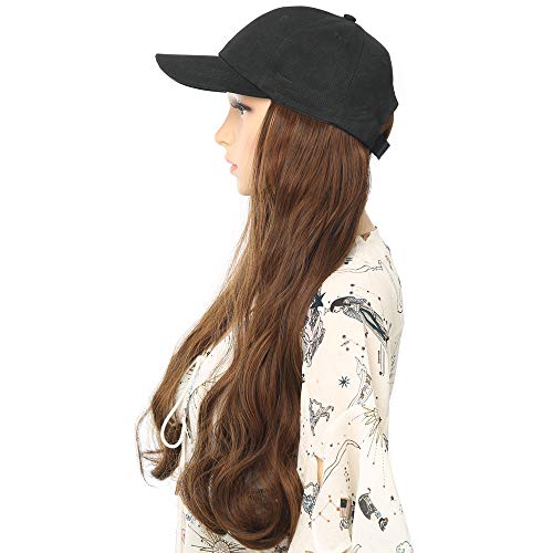 New Trending Synthetic Long inch Baseball Cap with Hair Women Wig Hats with Hair Wavy Extensions Black Brown (Brown wave 1)