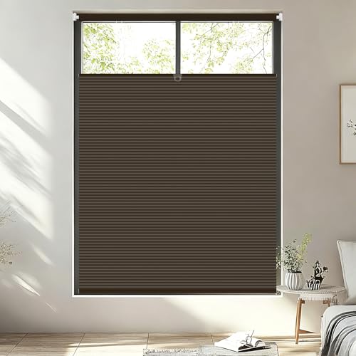 Shade&Beyond No Tools No Drill Blinds for Indoor Windows, Cordless Top Down Bottom Up (TDBU) Blackout Cellular Honeycomb Shade for Window, Custom Size, Dark Brown