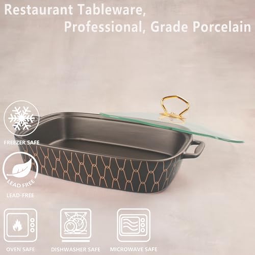 jinsongdafa Ceramic Casserole Dish with Glass Lid, 1.3 Quart Serving Soup Tureen,Chafing Dish for Buffet, Family Food preserve Tray, Catering for Party Style,Black 12.4 Inch Rectangular No Rack