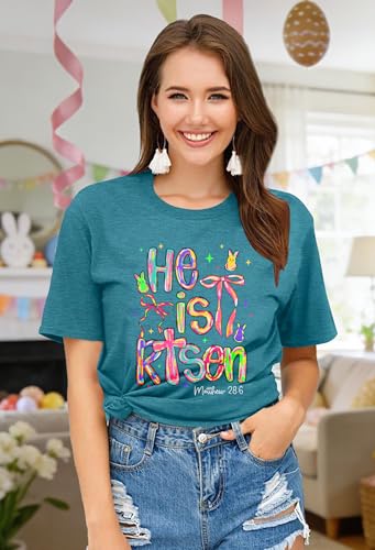 Image of Ithalt Easter Shirts for Women He is Risen Tshirt Easter Christian T-Shirt Jesus Lover Short Sleeve Tops