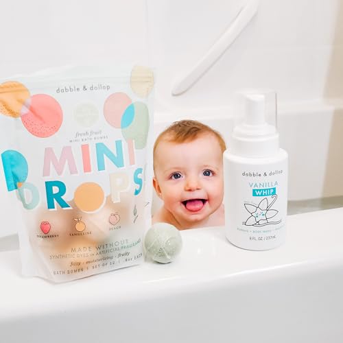 Image of Dabble & Dollop Fresh Fruit Mini Bath Bombs + Vanilla 3-in-1 Shampoo, Body Wash and Bubble Bath for Kids - Toddler & Kids Bath Set, No Synthetic Dyes, Vegan, Gluten-Free, Cruelty-Free (Pack of 2)