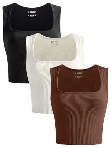 OLCHEE Womens 3 Pack Crop Tank Tops Seamless Ribbed Square Neck Tapered Shoulder Strap Sleeveless Workout Top Summer Shirts - Black Brown Beige Medium