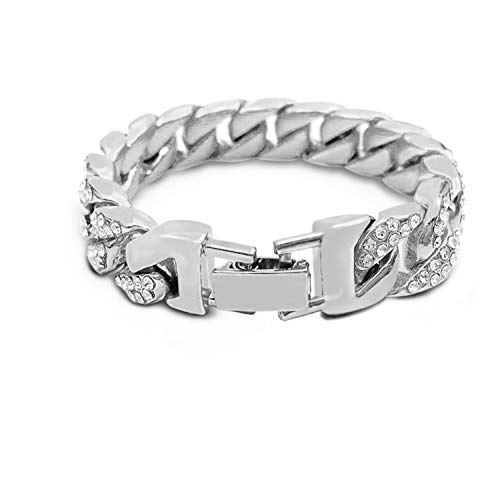 Mens Womens Cuban Link Bracelet Hip Hop Bracelet Stainless Steel Chain Bracelet Iced Out Curb Cuban 18K Gold Plated Bracelet With Clear Rhinestones (A-Silver) #TOP4