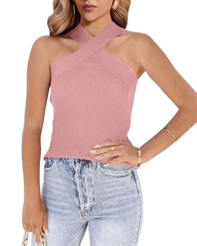 Womens Criss Cross Halter Sweater Vest Tops Summer Sleeveless Pullover Casual Lightweight V Neck Knit Tank Top Pink