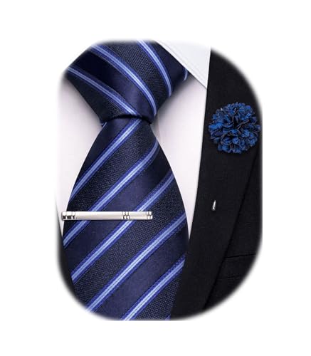Image of Hi-Tie 63 inches Striped Paisley Extra Long Ties for Men Silk Necktie with Lapel Pin Tie Clip Big and Tall Men Formal Wedding