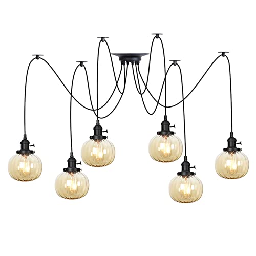 Lampe araignée de plafond réglable industrielle noire lustre verre ambré