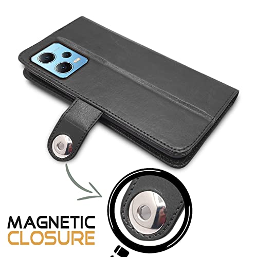Image of Pikkme Poco X5 5G / Redmi Note 12 5G Flip Cover Leather Finish | Inside TPU with Card Pockets | Wallet Stand and Shock Proof | Complete Protection Button Flip Case (Black)