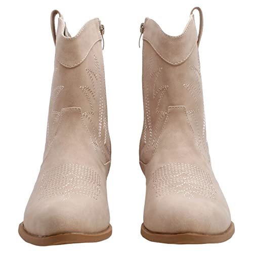 Peppep Western Cowgirl Cowboy Ankle Boots For Women Or Ladies, Mid Calf, Vegan Leather Embroidered Upper, Low Heel, Fashionable Pointed-Toe (10, Tan) #TOP3
