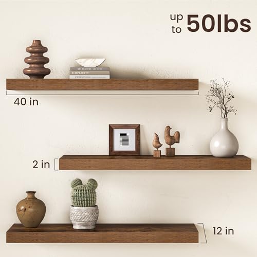 Image of 40Inch Floating Shelves for Wall, 12 Inch Deep Shelves for Bedroom, Kitchen, Bathroom Wall Mounted, Rustic Wood Floating Shelf with Invisible Brackets for Books, Storage, Decor, Rustic Brown, 2 Packs