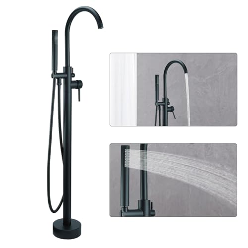 FBUKE Grifo de bañera independiente, grifo de bañera independiente de montaje en suelo, relleno de bañera independiente de latón, grifo mezclador de ducha de alto flujo, negro mate