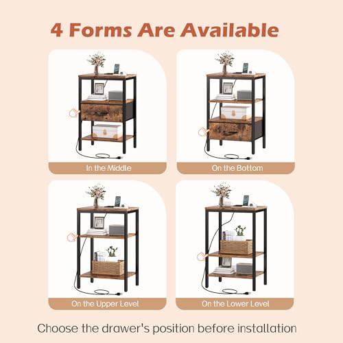 SUPERJARE Nightstand Set of 2, Bed Side Tables with Charging Station, Adjustable Fabric Drawer, Night Stand for Bedroom, 3-Tier Storage End Tables, for Living Room, Rustic Brown