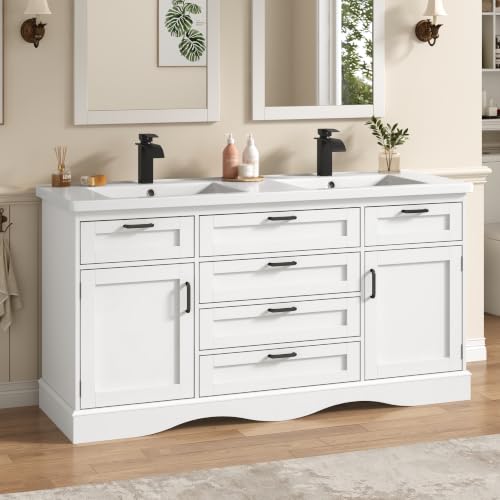 59" Bathroom Vanities Cabinet with Double Sink Combo,Modern Undermount Vanity Sink Cabinet with 2 Storage Doors and 3 Drawers,High Freestanding Bathroom Storage Cabinet with 3 Flip-top Drawers(White)