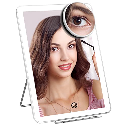 Lighted Makeup Mirror with 3 Colors Lighting and 10X Magnification Mirror, Makeup Vanity Mirror with 60 LED Lights and Phone Holder, Touch Sensor Dimming, Portable Desk Personal Beauty Light Up Mirror