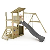 FATMOOSE JazzyJungle Jam XXL – Portique En Bois Avec Balançoire, Toboggan Double Vague, Cabane, Bac à Sable Et Mur D’Escalade – Aire De Jeux Géante Pour Jardin