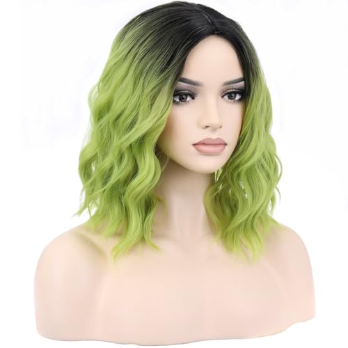 Image of BERON Ombre Green Women Girls Wig Short Curly Wavy Middle Part Wig 14 inch Ombre Color Body Halloween Cosplay Daily Party Wigs