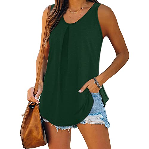 iChunhua Women Summer Plain Crew Neck Sleeveless Loose Fit Vest Tank Tops Green X-Large