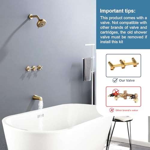 Image of 3 Handles Shower Faucet Set with Tub Spout Bathtub Shower Faucet Combo Set Shower System Complete Tub and Shower Trim Kit Brushed Gold