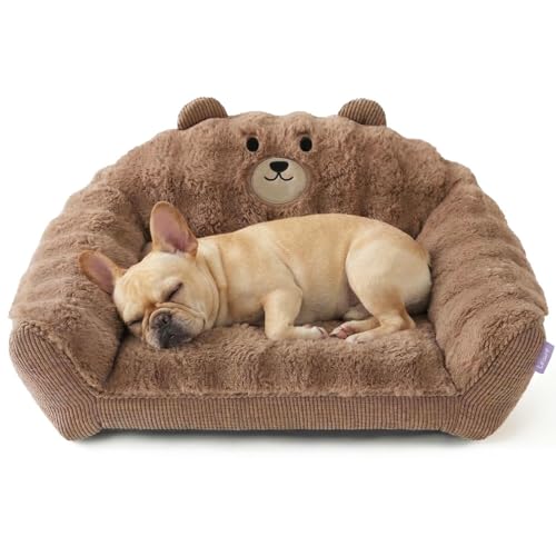 LE SURE Cute Dog Couch Bed, Small Dog Couch with Fluffy Original Bear Design, Cat Couch Bed with Removable Washable Cover, Puppy Bed for Small Pets, 28 inch, Brown