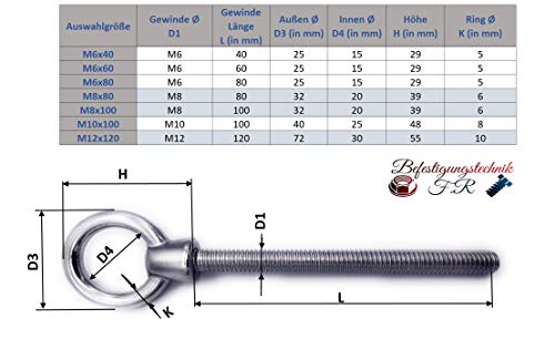 2 Stk. Augbolzen | M6 x 60mm | Augenbolzen | Ringschraube lang | Ösenschraube | Rostfrei Inox Edelstahl | V4A A4 AISI316 (2, M6x60)