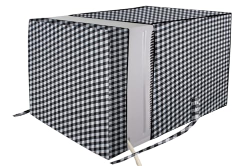Image of The Furnishing Tree Elastic fit waterproof Polyester window ac cover suitable for Croma 1.5 Ton, Dustproof cover for inner and outer section, In CM: (67.31x66.04x45.72), Checkered Pattern White