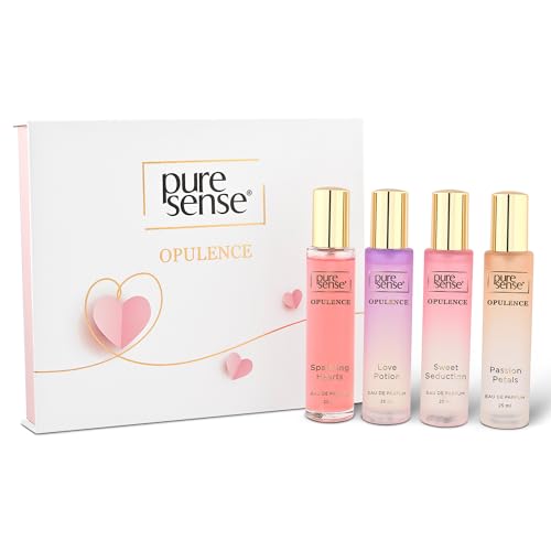 PureSense Opulence Perfume Gift Set (Hearts + Sweet + Passion + Love) | Birthday Gifts | Long Lasting Luxury Perfume Travel Combo Pack 25x4ml | for Women, Wife, Girlfriend, Sister