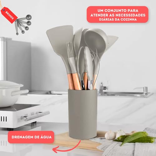 Jogo de Utensilios de Cozinha em Silicone Premium Madeira 17 Peças (Creme)