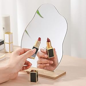 Makeup Mirror Irregular Acrylic Portable Desktop Vanity Mirror with Wooden Base for Bedroom, Living Room, Home Vanity Desk Decor and Beauty