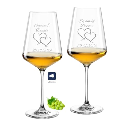 laser-diele Weingläser mit Gravur als Hochzeitsgeschenk – Personalisierte Weingläser – Geschenke für Paare – Weißwein – 2 Herzen