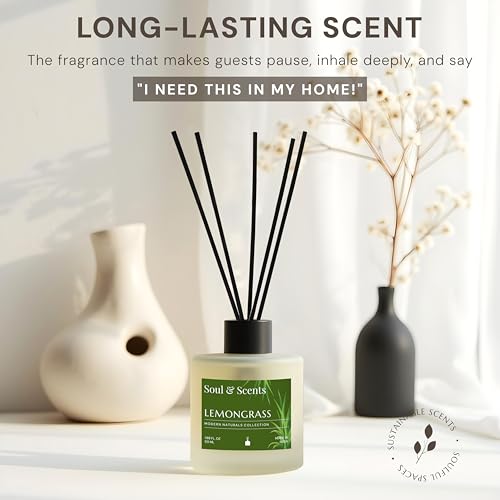 Image of Soul & Scents 50ml Lemongrass Reed Diffuser Set | A Fusion of Zesty Lemon & Lemongrass | Get 5 Rattan Reed Sticks | Smoke Less Room Freshener for Home, Bedroom, Living Room & Office