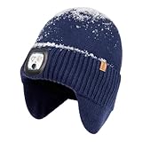 TOP-EX DryKnit Waterproof Merino Wool LED Beanie with Ear Flap USB Rechargeable Headlight Cap Warm Winter Fleece Running Camping Hiking Hat Cold Weather Gift for Men Father Dad Navy Blue XL/XXL