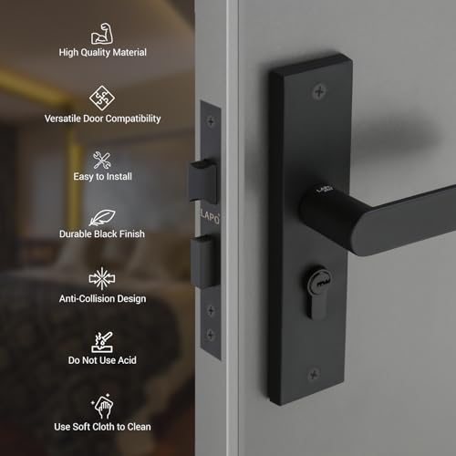 Image of LAPO Mortise Lock Set Assembly for Front Door, 45x45mm Lock Body, Black Finish, Supports 30-50mm Door Range, 60mm Cylinder, 3 Brass Keys, Left-Right Fitment, 3 Year Warranty, Cy-180