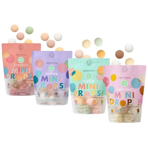 Image of Dabble & Dollop Mini Bath Bombs, 4-Pouch Variety Pack - Natural Origin, Clean Ingredients, No Synthetic Dyes, Toddler & Kids Bath Bombs in Resealable Pouches (Set of 48)