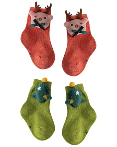 BPTRKOM 5 Paires Chaussettes Antidérapantes en Coton Bébé Enfant Motif Animaux,Styles sapin et cerf de Noël, idéal comme cadeau de Noël pour bébé