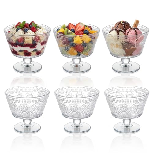 LemonRoad 6 Pcs 8.6oz Glass Trifle Bowl with Pedestal Serving Footed Dessert Bowl Trifle Sunflower Design Dish Dessert Display for Ice Cream Cake Pastries Salad Fruit Tea parties Gift Giving