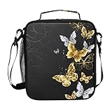 Ksajwzf Lunch Bag Box Black Gold Butterfly for Women Teens Girls Boys Cooler Insulated Lunch Bag Tote Freezable Shoulder Strap Picnic Meal for School Office Work