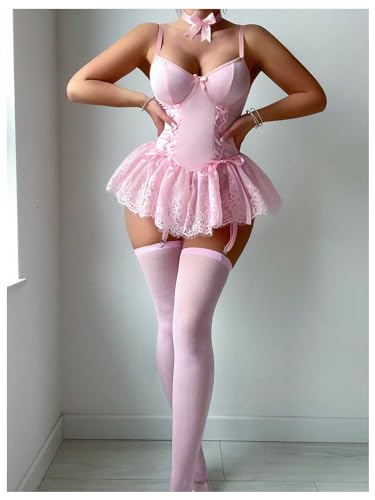 Image of SHENHE Women's Lace Babydoll Garter Lingerie Dress with Thong and Stockings Set