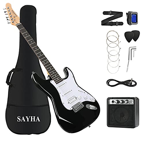 Sayha Electric Guitar, 39 Inch Solid Full-Size Electric Guitar Hss Pickups Starter Kit Includes Amplifier, Bag, Digital Tuner, Strap, String, Cable, Picks（Black） #TOP30