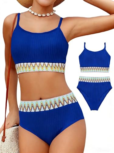 Image of Girls Swimsuit Two Piece Teen Bathing Suit High Waist Textured Bikini Set Woven Girls Swimwear 9-16Y