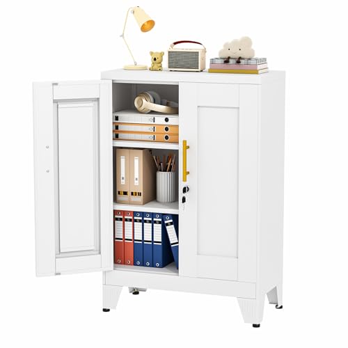 Image of pozdeg 35.43 inch Lockable Metal Storage Cabinet, Steel Office File Cabinet | Garage Tool Cabinet with 2 Adjustable Shelves, Freestanding Multi‑Purpose Cabinet for Home, Office & Garage, White