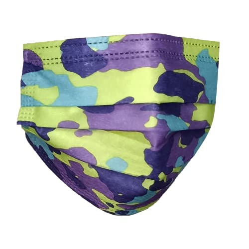 Mascara Descartavel Tripla Estampa Camuflada Com Elastico e Clip Nasal - 50 Un (Verde Florescente)