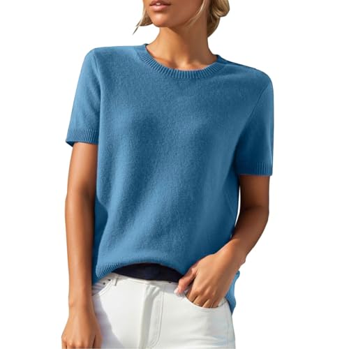 KHIRVWL Kurzarm Pullover Damen, Mode Rundhalsausschnitt Strickshirt Elegant Leicht Kurzarm Pullover Frühling und Sommer Einfarbiges Gestricktes Freizeittop Oberteil Elegant Sommer Damen Tshirt