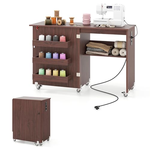 Mesas de costura 12 GIANTEX Armario de Costura Plegable con 5 Ruedas, Mesa de Coser con...