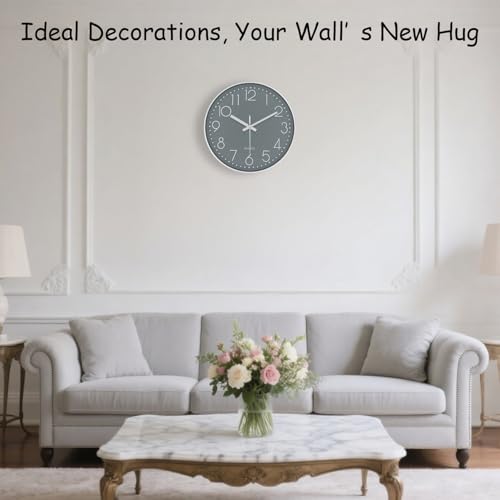 Image of Modern Silent Wall Clock - 12 Inch Wall Clocks Battery Operated Large Number, Non-Ticking Analog Clock with Tempered Glass Quartz Clocks for Living Room Bedroom Office Kitchen, Grey