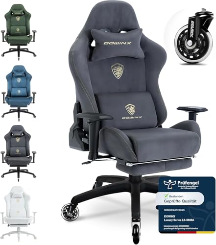Dowinx Gaming Stuhl, Atmungsaktiver und Ergonomischer Bürostuhl aus Mikrofaser-Velours, Weiches Sitzgefühl wie Pelz, Verstellbarer Schreibtischstuhl mit Fußstütze, Hellgrau