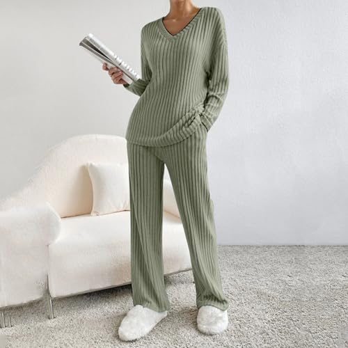 Schlafanzug Damen, Schlafanzug Damen Lang Pyjama Set V-Ausschnitt Gestricktes Hausanzug Zweiteiler Strickhose AUD Strickpullover Sportanzug Mit Taschen Loungewear Yoga-Sets 2 Stück, Armeegrün