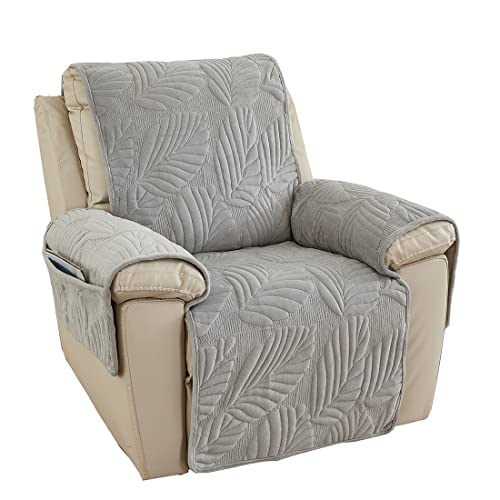 vctops Palm Leaves Velvet Plush Quilted Recliner Chair Cover Anti-Slip Super Soft Furniture Protector with Elastic Straps for Kids, Dogs, Pets, Light Grey