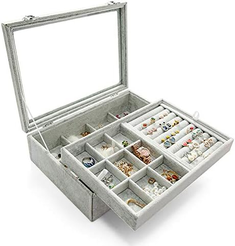 Wudygirl Velvet Jewelry Organizer 2 Layer Jewelry Box Rings Earrings Necklace Organizer Tray Stackable Grid Removable Case Clear Lid（2 Layer）