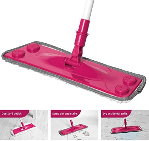 Kleeneze KL079619EU7 All in One Flat Head Mop with Extendable Handle, Interchangeable Fluffy/Scrubbing/Microfibre Cleaning Pads, Perfect for Hard Floors