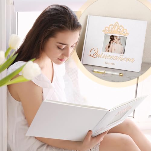 Image of MotiMind Quinceanera Guest Book with Pen 11 x 8 Inch Libro De Firmas Para 15 Anos Quinceanera Leather Hardcover Signature Book Guest Sign in for 15th Party Favors Decoration(White Rose Gold,Crown)