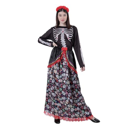 Costume Catrina Scheletro Messicana Donna Adulto Halloween, Fascia Catrina Fiore, Vestito Lungo Colorato Stampa Calaver, Costume Halloween Donna Carnevale (M)